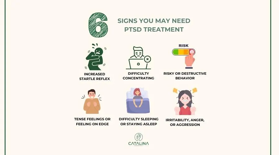 6 signs PTSD treatment is needed infographic from Catalina Behavioral health in Tucson