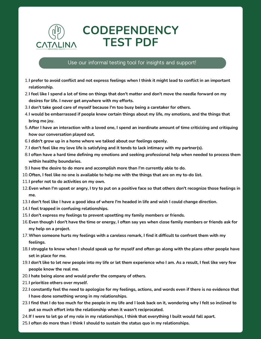 Codependency Test Worksheet PDF Catalina Behavioral,AZ